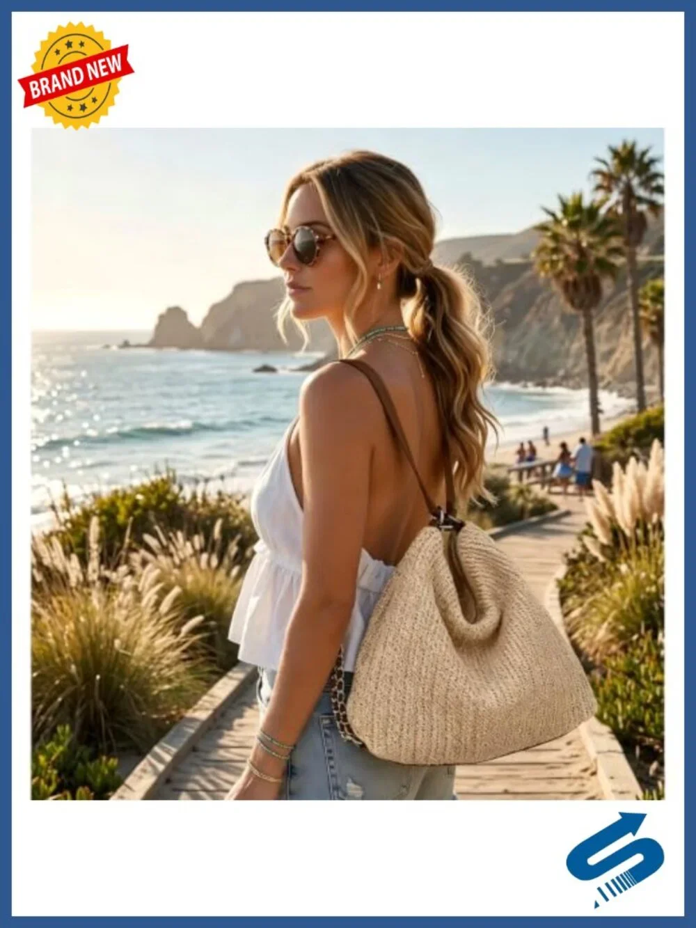 Woven Summer Beach Purse with Adjustable Strap, Convertible Hobo Backpack